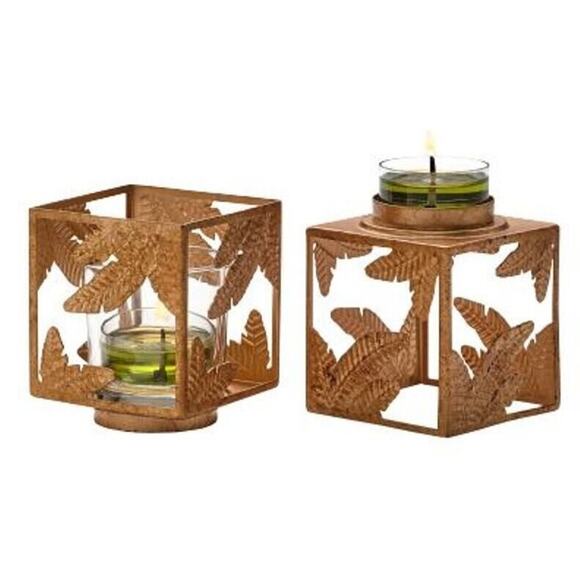 New Partylite Gold Square Metal Jar Candle Holder P92779 Leaves NIB - Picture 8 of 10